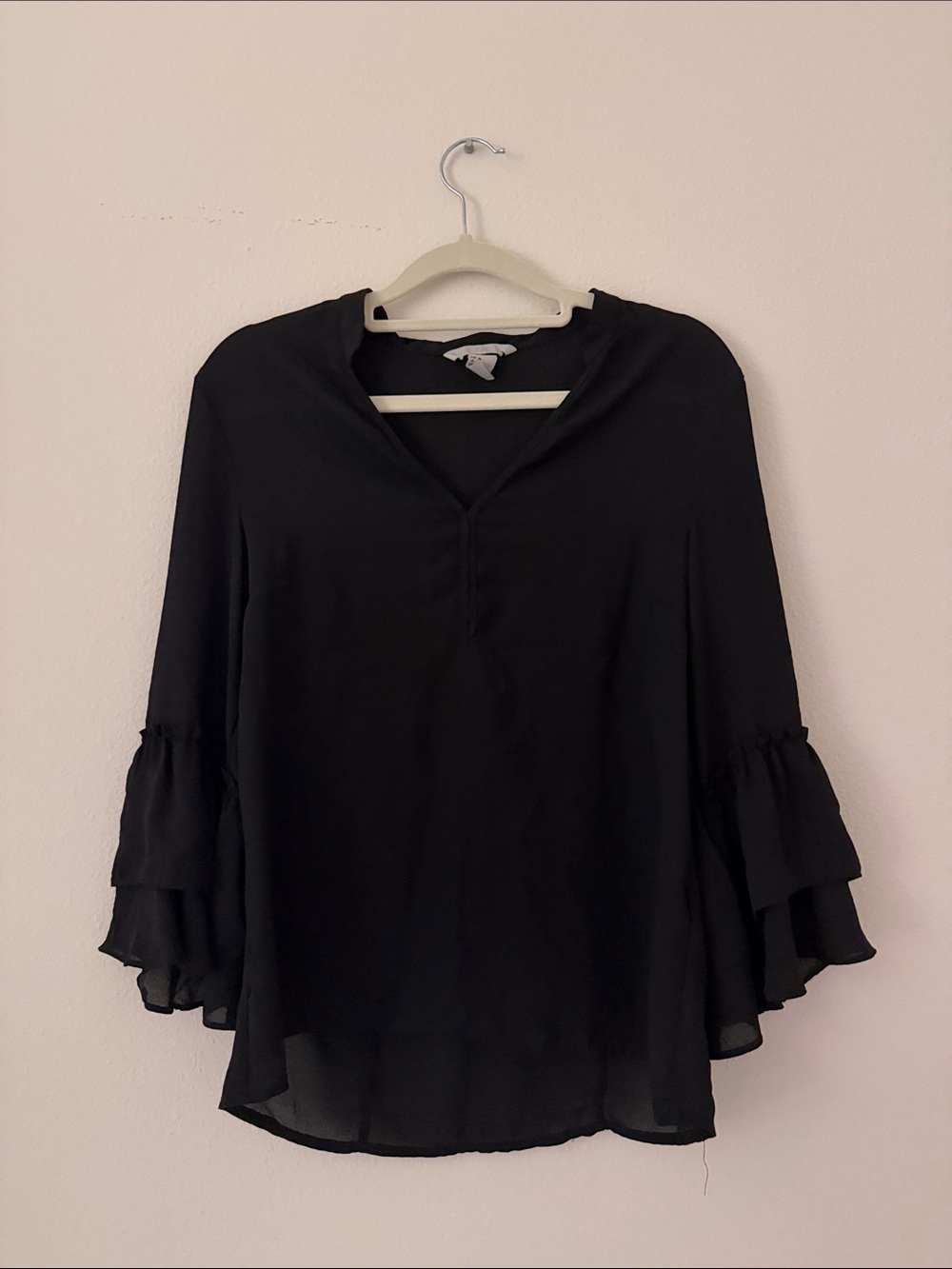 H&M Black V-Neck Blouse with Layered Ruffle Sleeves